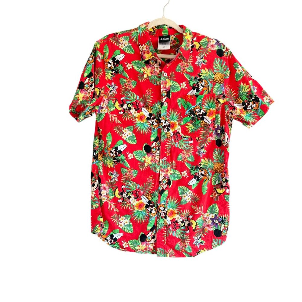 Disney Store Mickey Mouse Hawaiian Floral Button Front Shirt Men Medium Red